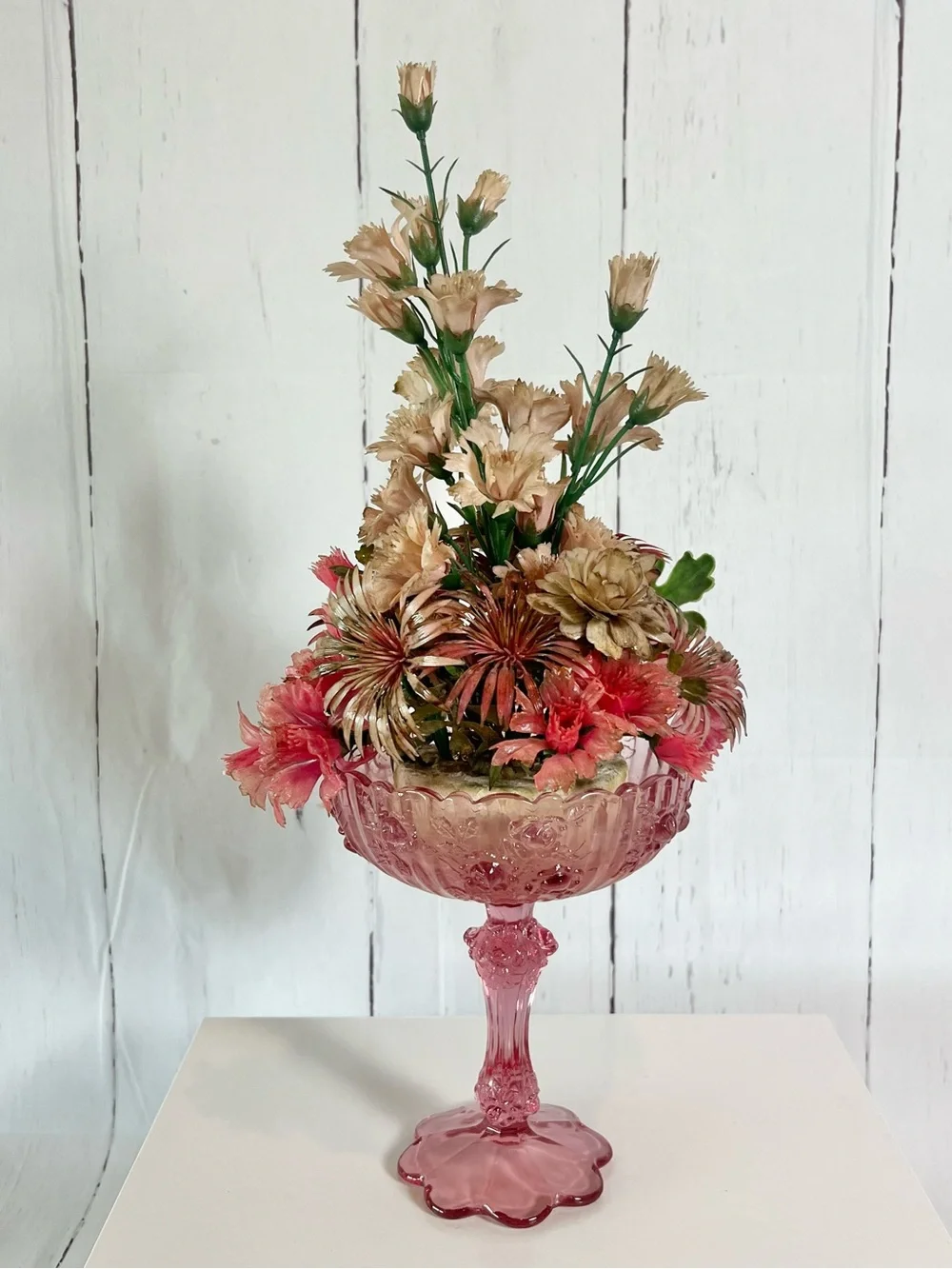 Vintage Fenton Pink Glass Compote with Mid Century Plastic Floral Arrangement